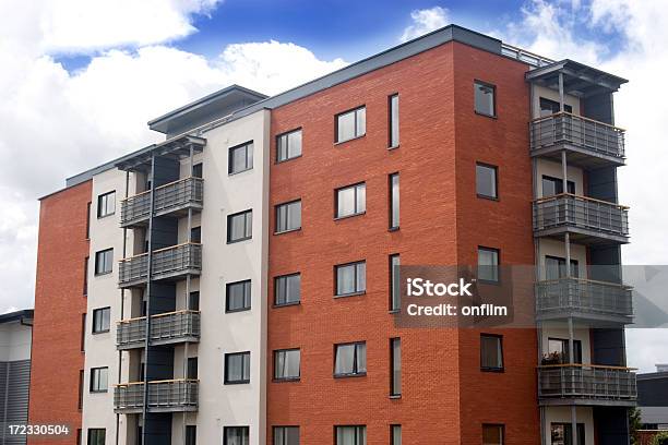 A Modern Orange And White Apartment Block Stock Photo - Download Image Now - Apartment, Building Exterior, Outdoors