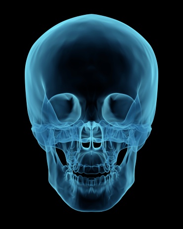 3D render like a x-ray of a human skull with isolated on a black background. Great to be used in medicine works and health.