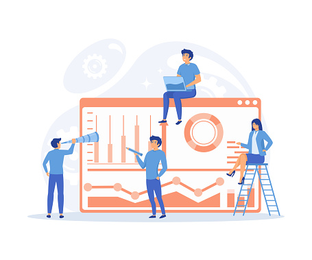 analysis of the evolutionary scale, office workers are studying the infographic, flat vector modern illustration