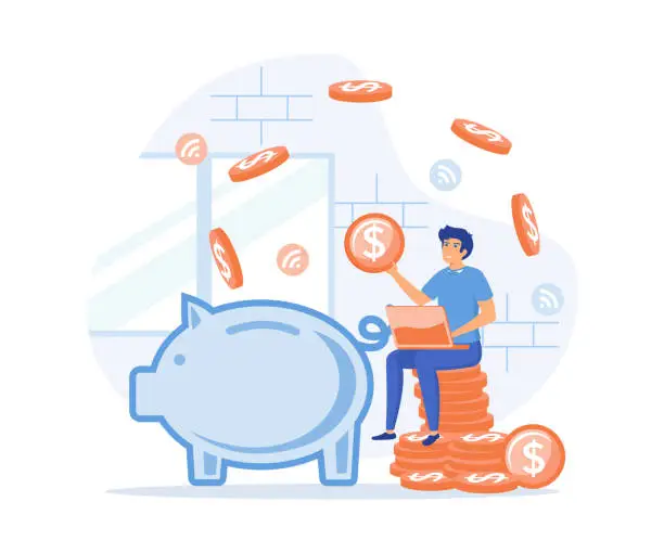 Vector illustration of Earn money online. Man working online with a computer, Freelancer making money from home, earn in internet, success, remote work, flat vector modern illustration