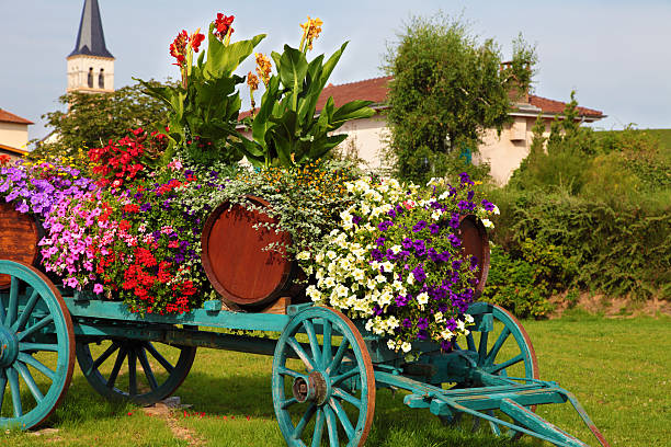 Flower bed designed like a small cart on a city street.