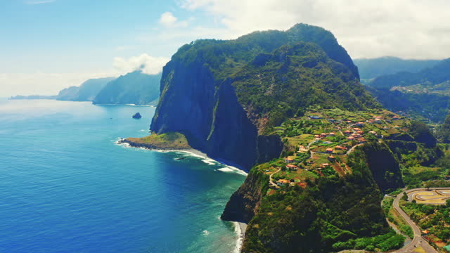 AERIAL Beautiful view of Rocky Mountains and Atlantic Ocean in Madeira