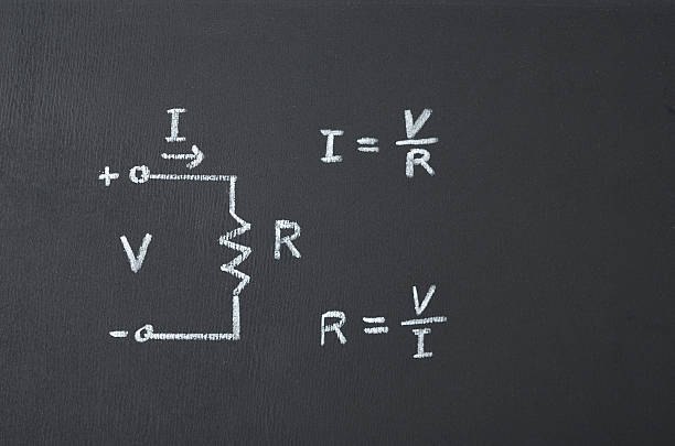 Ohm's law with diagram and formula on chalkboard stock photo