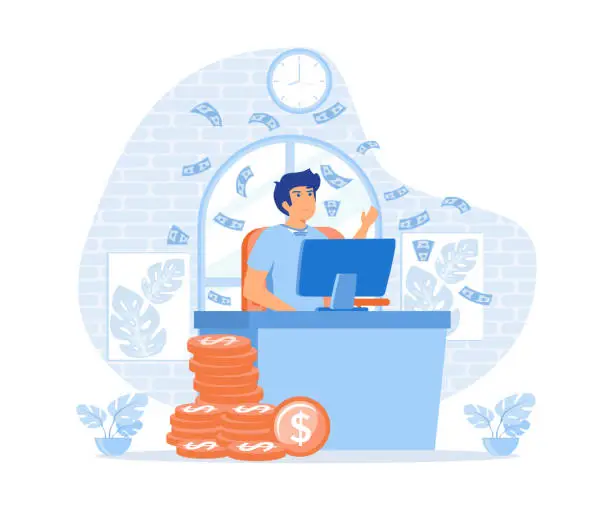 Vector illustration of Earn money online, Freelancer making money from home, earn in internet, success, remote work. , flat vector modern illustration