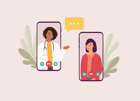 Smiling Black Female Doctor Giving Online Medical Advice To Her Patient With Mobile Phone. Isolated On Color Background.