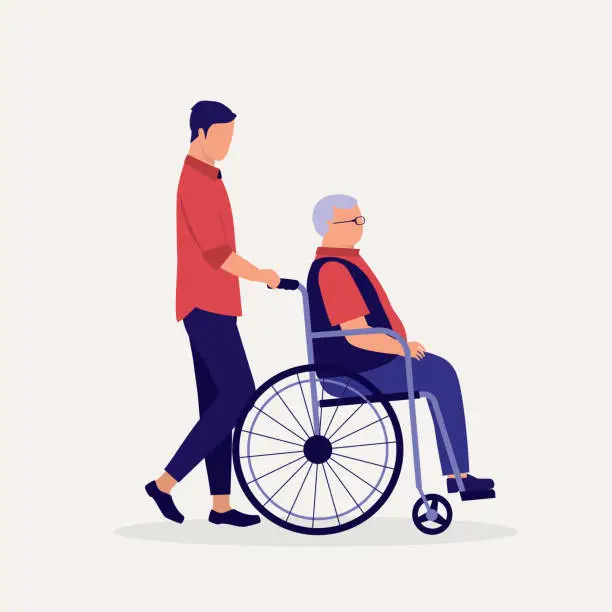 Vector illustration of Adult Son Pushing His Elderly Father With Wheelchair. Caregiver. Caregiving.