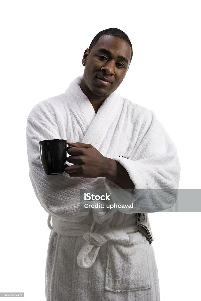 Robe & Coffee Young black man with Robe and Coffee Mug on all white. Adult Stock Photo