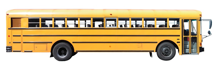 A yellow school bus isolated on a white background.