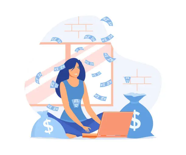 Vector illustration of Passive income concept, Young woman working in front of laptop with money around her, flat vector modern illustration