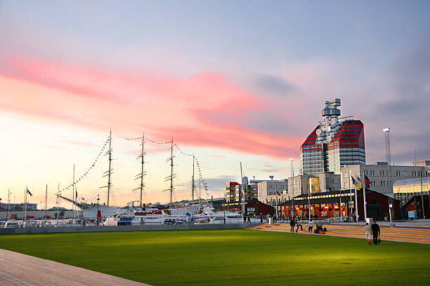 Gothenburg harbor with beautiful red clouds stock photo