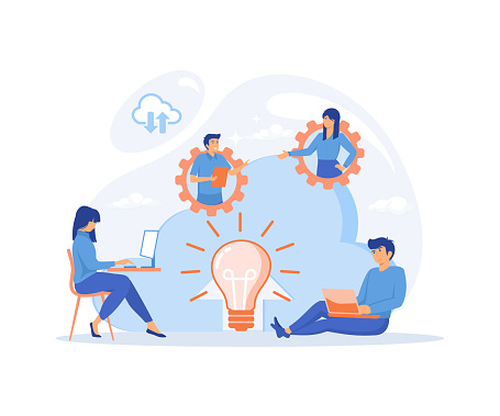 Co working team of users connected by cloud computing and light bulb. Online collaboration, flat vector modern illustration