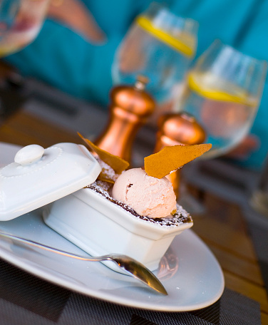 A chocolate pot de creme topped with coffee ice cream, enjoyed at a cafe patio table...a worthy indulgence! (SEE LIGHTBOXES BELOW for more in this series, as well as many more desserts, chocolate desserts, and eating photos...)