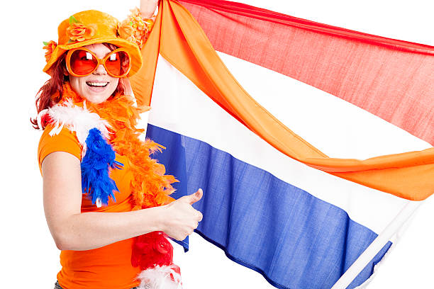 istock Fan with Dutch flag and orange pennant 172336155