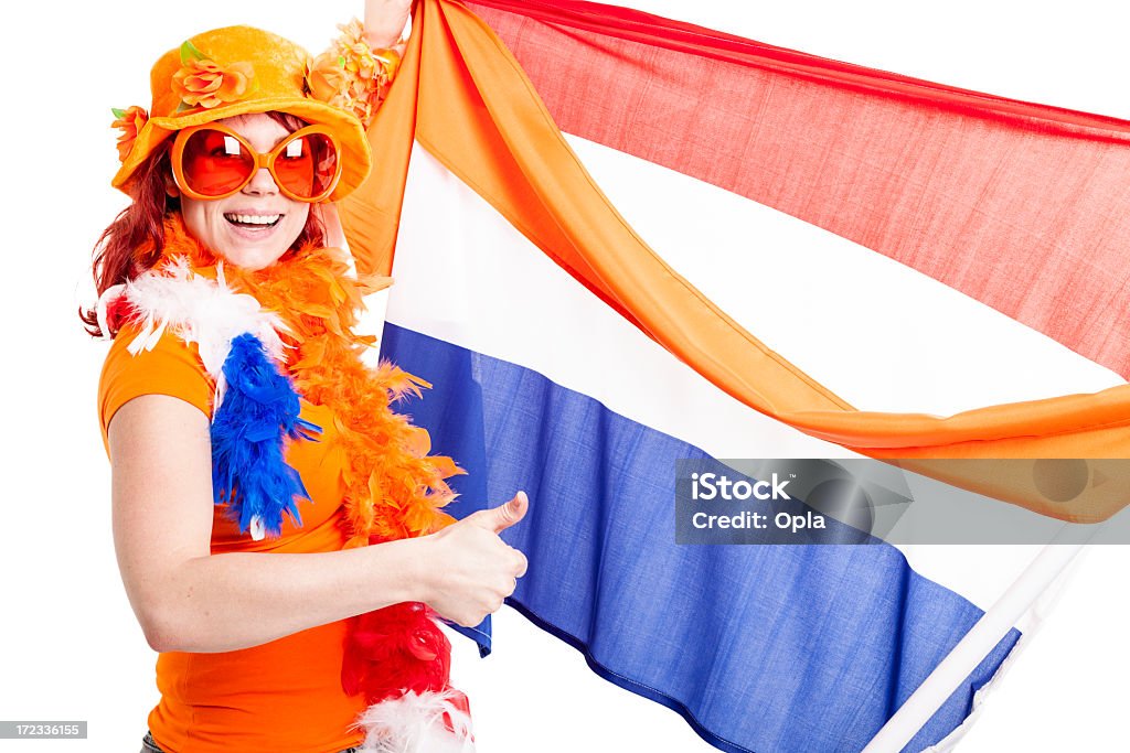 Fan com bandeira holandesa e laranja Flâmula - Foto de stock de Adulto royalty-free