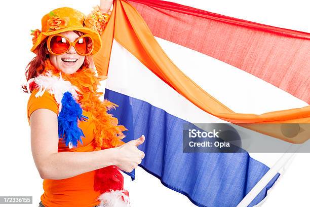 Foto de Fan Com Bandeira Holandesa E Laranja Flâmula e mais fotos de stock de Adulto - Adulto, Azul, Bandeira