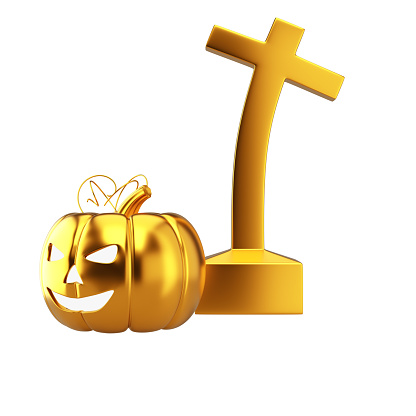 Halloween golden pumpkin jack o lantern with grave cross isolated on white background. 3d rendering