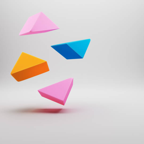 istock Abstract minimal scene. Geometric bolded shapes flying colorful triangles on bright gray background 1723372290