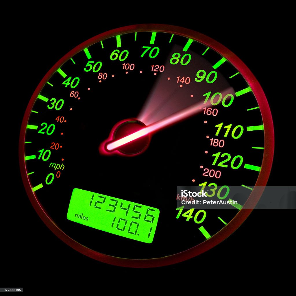 A close-up of a speedometer with green neon lights Self lit speedometer showing needle movement to 100mph Speedometer Stock Photo