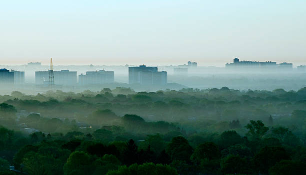 Silhouettes of city &amp; forest Shades of morning smog outline the silhouettes of forest and urban residential areas in Toronto. Air quality was poor and smog advisory in effect. air quality stock pictures, royalty-free photos & images