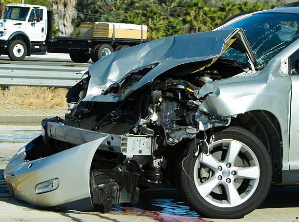 istock Front part of car completely damaged after crash 172339549