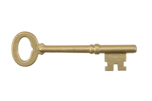 Gold Skeleton Key on White. Clipping Path Included.