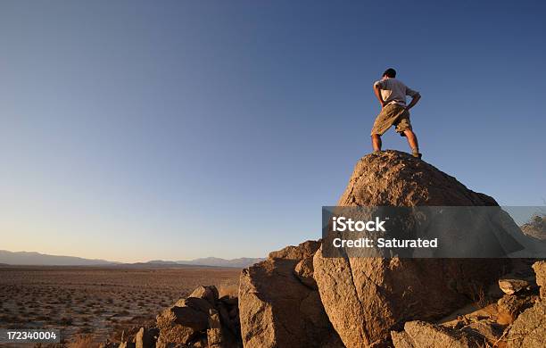 Uomo In Piedi Sulla Roccia Vertice Nel Deserto - Fotografie stock e altre immagini di Deserto - Deserto, Superare le avversità, Adulto