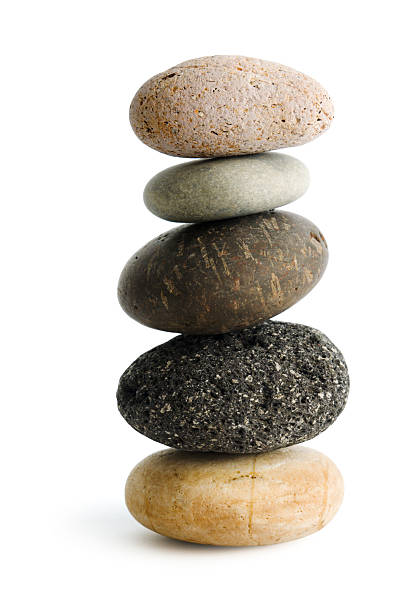Balance Stack Stone Pebble, Buddhist Zen Rock on White Background Subject: The zen of five pebbles stacked in a column. Isolated on a white background. stack rock stock pictures, royalty-free photos & images