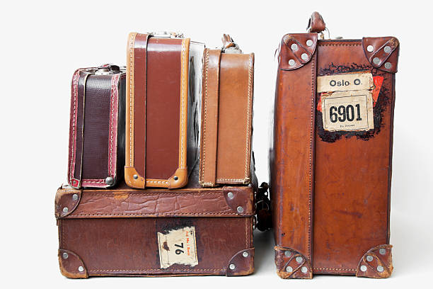 istock Group of vintage leather suitcases  with labels. 172340828