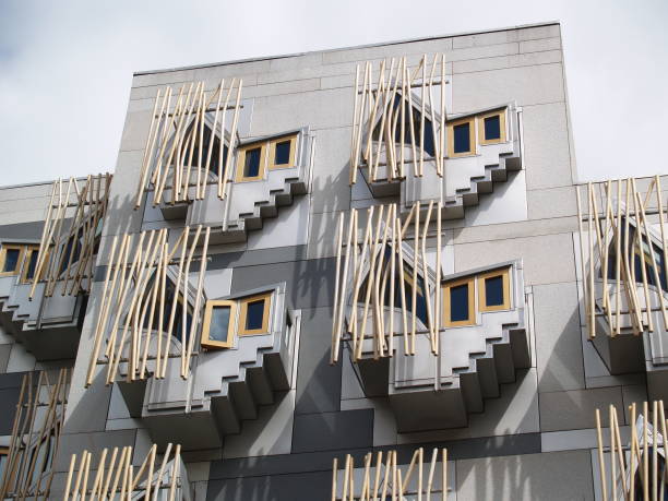 Windows at the Scottish Parliament building in Edinburgh, covered with bamboo designs. Designed by Enric Miralles.