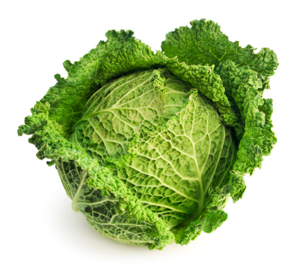 A whole head of cabbage, a leafy green vegetable fresh from the garden, isolated on a white background.