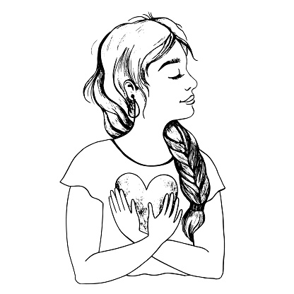 A cute girl holds a heart in her hands. Hand-drawn black and white vector illustration (not AI). Love and hope concept.