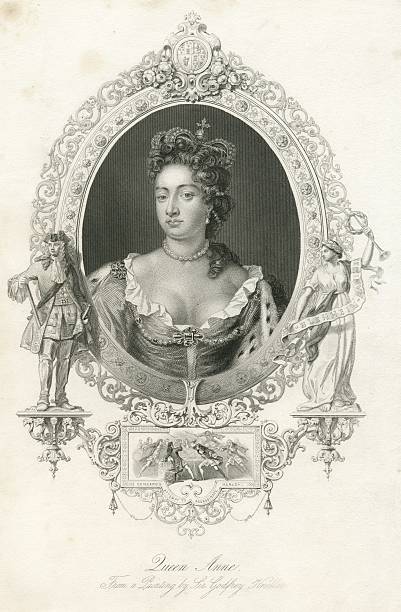 Queen Anne of Great Britain (1665 – 1714) was the last British monarch of the House of Stuart. She was succeeded by her second cousin, George I of the House of Hanover. The engraving was made in 1873, and includes a significant moment in her reign in the cartouche at the bottom. Description of this engraving: (Top) Coat of arms including the harp of Ireland, the lion of Scotland and the three lions of England surrounded by a belt (Left bearer) Man wearing stylish 17th / 18th century Renaissance soft, over-the-knee cavalier boots, and a tricorne / tricorn hat, a style that was worn by both military and civilian men. This bearer also bears a sword, while holding a document in the left hand and some form of instrument (telescope?) in the right. (Right bearer) Lady in classic flowing dress holding a bugle in the left hand and draped with the words BLENHEIM - RAMILIES (Blenheim was a successful battle fought in 1704. Ramillies was a battle fought and won in 1706.) (Bottom cartouche) Shows fighting around a table with swords and daggers. (Caption for bottom cartouche) GUISGARD'S ATTEMPT TO ASSASSINATE HARLEY (Harley was a politician much favoured by Queen Anne, who was stabbed (but not killed) by a Frenchman.) (Main caption) Queen Anne From a painting by Sir Godfrey Kneller.