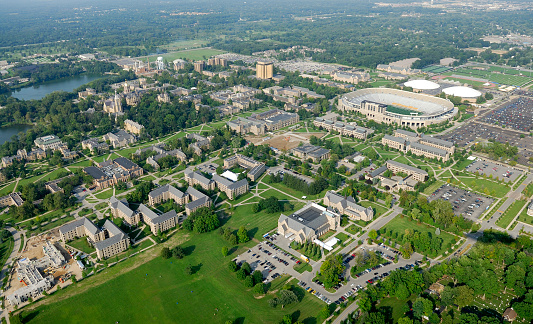 Kent, United States – October 04, 2021: Aerial shot of Dorms, Roads, Halls, and the Library at Kent State University