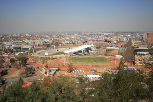 The Ellis Park Stadium behind the newer complexes in the foreground. Construction is well under way in preparation for the 2010 Soccer World Cup to be held here.