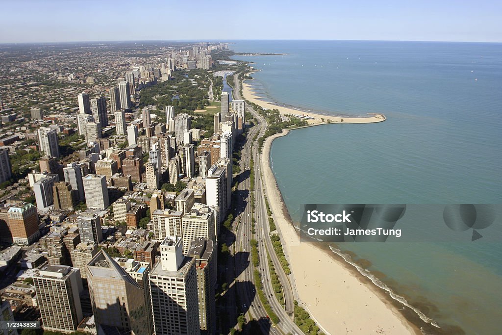 Chicago lake shore view View of the North Side of Chicago along Lake Michigan.  Taken from the Hancock Tower. Beach Stock Photo