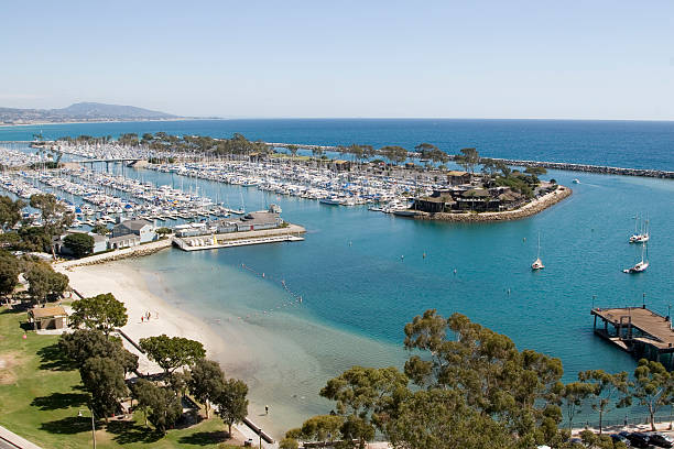 Aerial view of beautiful Dana Point Harbor  A beautiful sunny day at Dana Point Harbor, California. dana point stock pictures, royalty-free photos & images