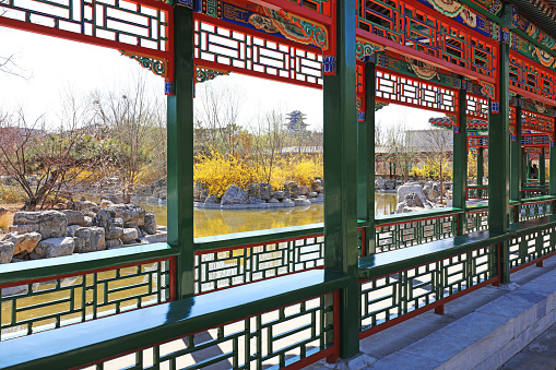 Archaize corridor architecture landscape in a park, North China