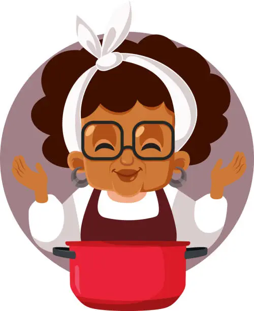Vector illustration of Happy Grandma Cooking in a Pot Vector Cartoon Character Illustration