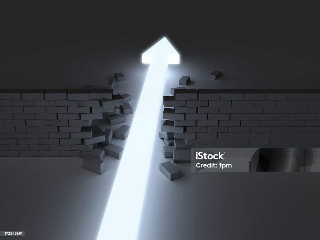Break Through 2 Glowing arrow breaking through brick wall. Closer perspective. Boundary Stock Photo
