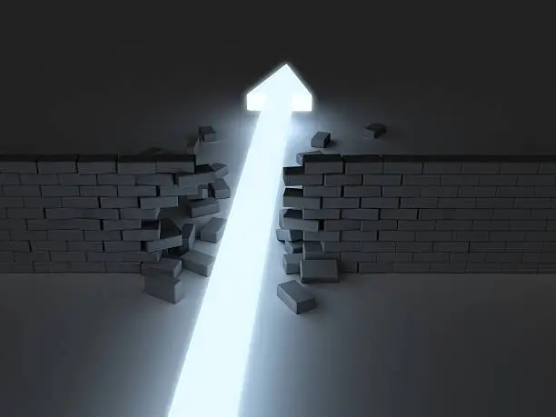 Glowing arrow breaking through brick wall. Closer perspective.
