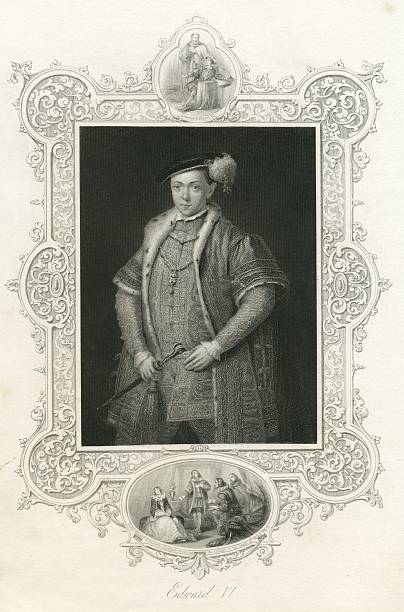 세로는 판화 킹사이드 edward vi 16세기 - tudor style king engraved image portrait stock illustrations