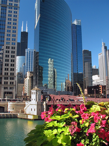 Drone shot of City of Chicago downtown district at winter