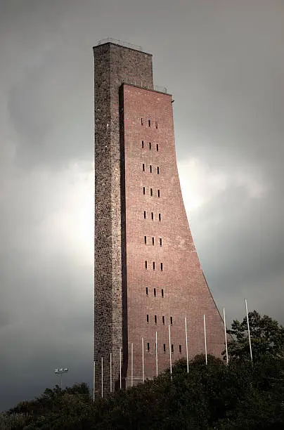 "modern built second world war memorial. itA's a lookout tower. you have a stunning view over the baltic sea. laboe, kiel, schleswig-holstein, germany."