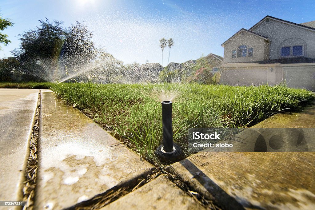 Sprinklers Low Low angle sprinklers in action. Irrigation Equipment Stock Photo