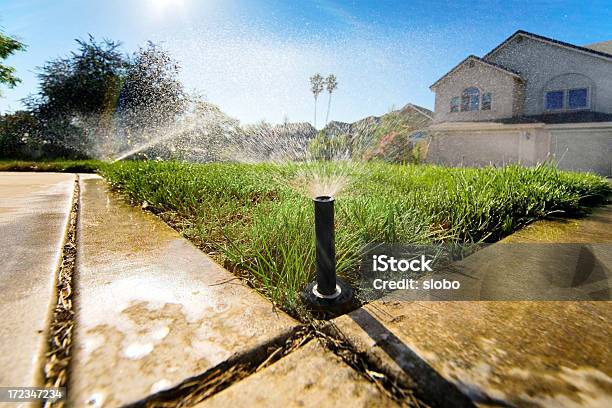 Sprinklers Low Stock Photo - Download Image Now - Irrigation Equipment, Sprinkler, Yard - Grounds