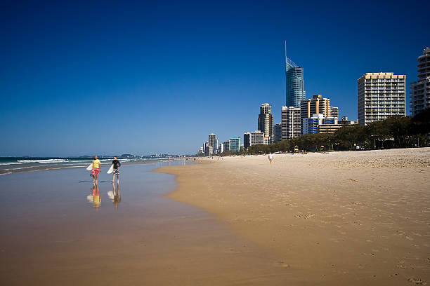 City beach with two surfers walking along