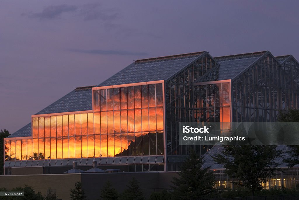 Meijer Gardens XV "Sunset reflection on mirrored glass building, Grand Rapids, Michigan" Building Exterior Stock Photo