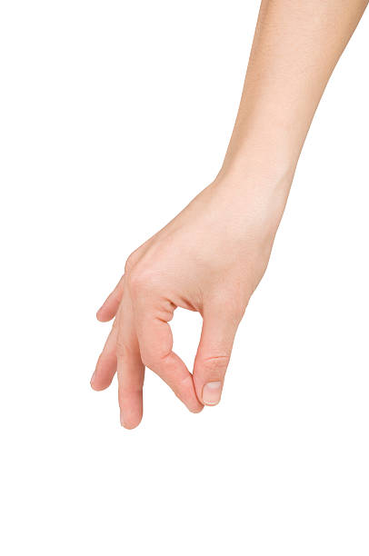 A hand with the index finger and thumb pinching Hand with thumb and forefinger together simulating holding or picking something up, isolated on white background. pinching stock pictures, royalty-free photos & images