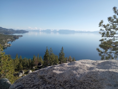 Lake Tahoe with still water and forest