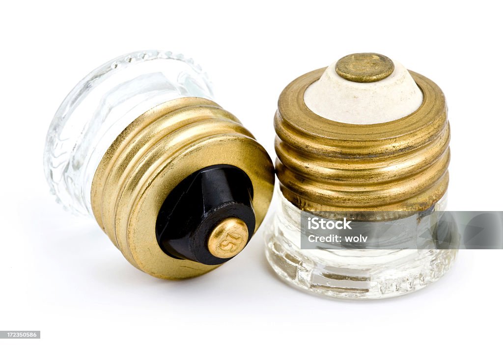 Fuses (two) Old screw-in type fuses. Amperage Stock Photo